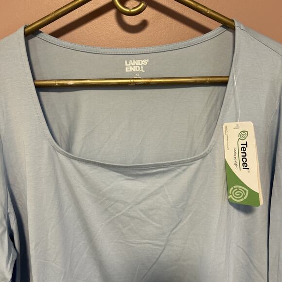 Land’s End Blue Tiered Blouse Top Solid Blue 1X Tencel Square Neck Prairie - Picture 2 of 8